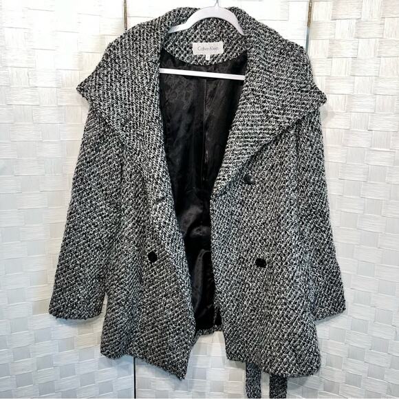 Calvin Klein Tweed Double Breasted Pea Coat Wool Blend Belted Jacket Womens 8 - Picture 15 of 16